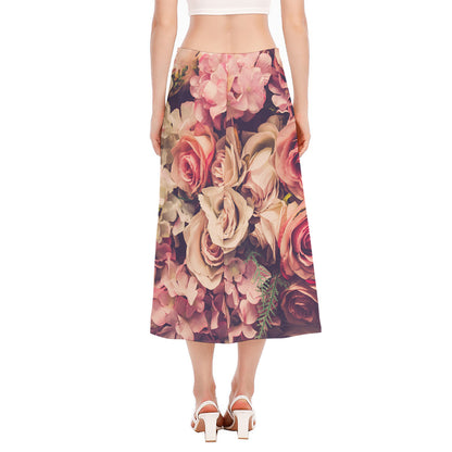 Retro Pink Roses Floral Print Side Slit Midi Skirt