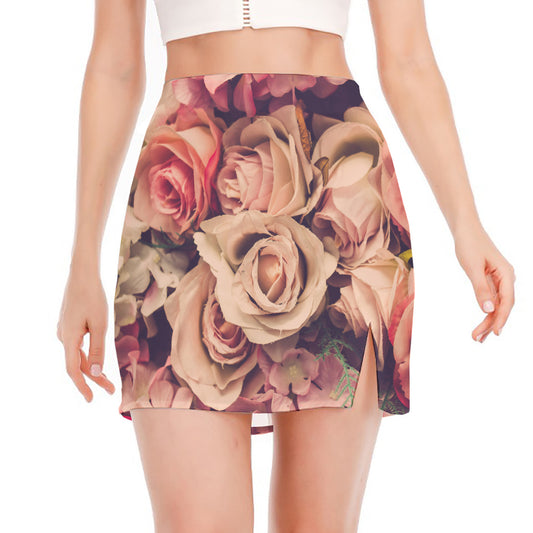Retro Pink Roses Floral Print Side Slit Mini Skirt