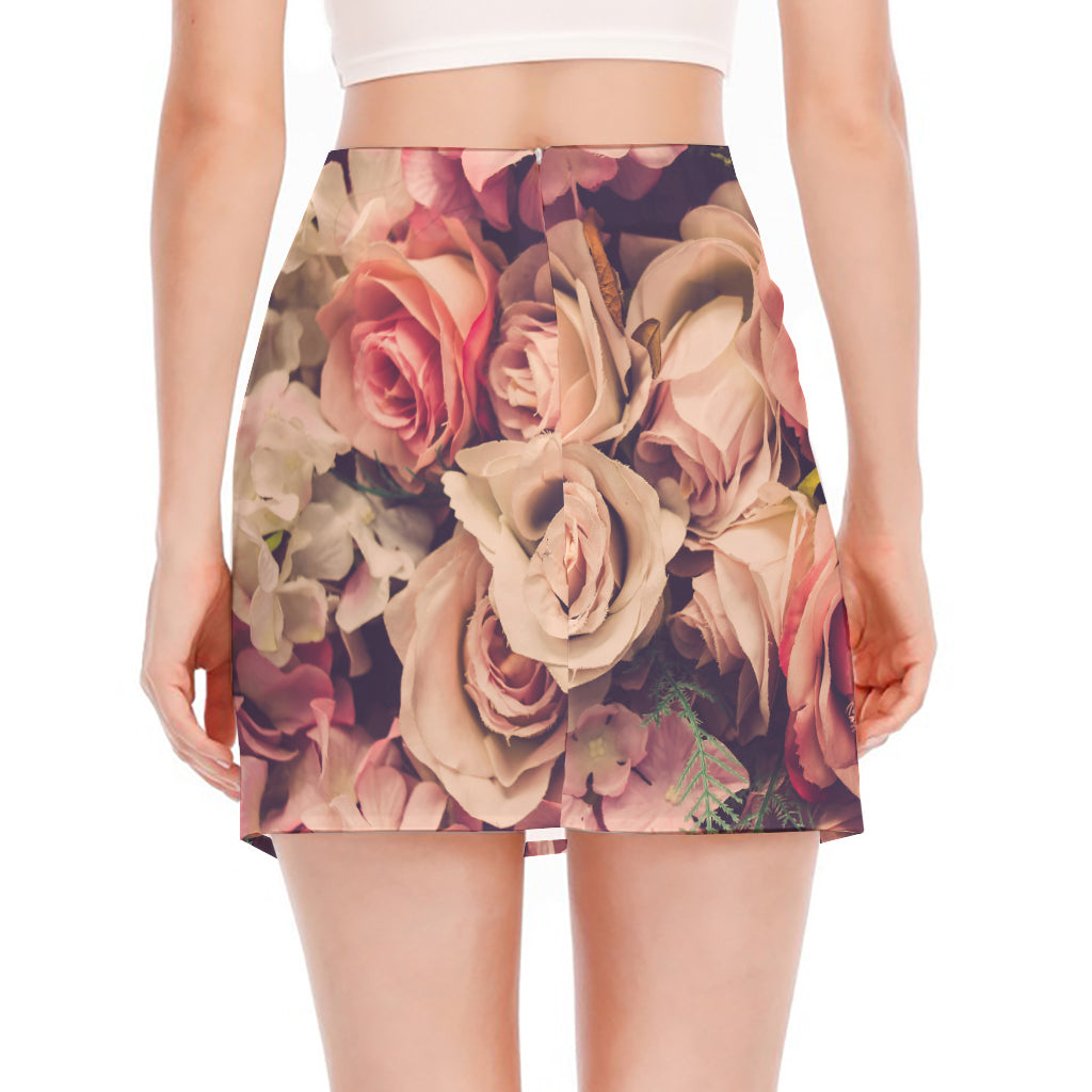 Retro Pink Roses Floral Print Side Slit Mini Skirt