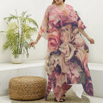 Retro Pink Roses Floral Print Silk V-Neck Kaftan Dress