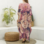Retro Pink Roses Floral Print Silk V-Neck Kaftan Dress