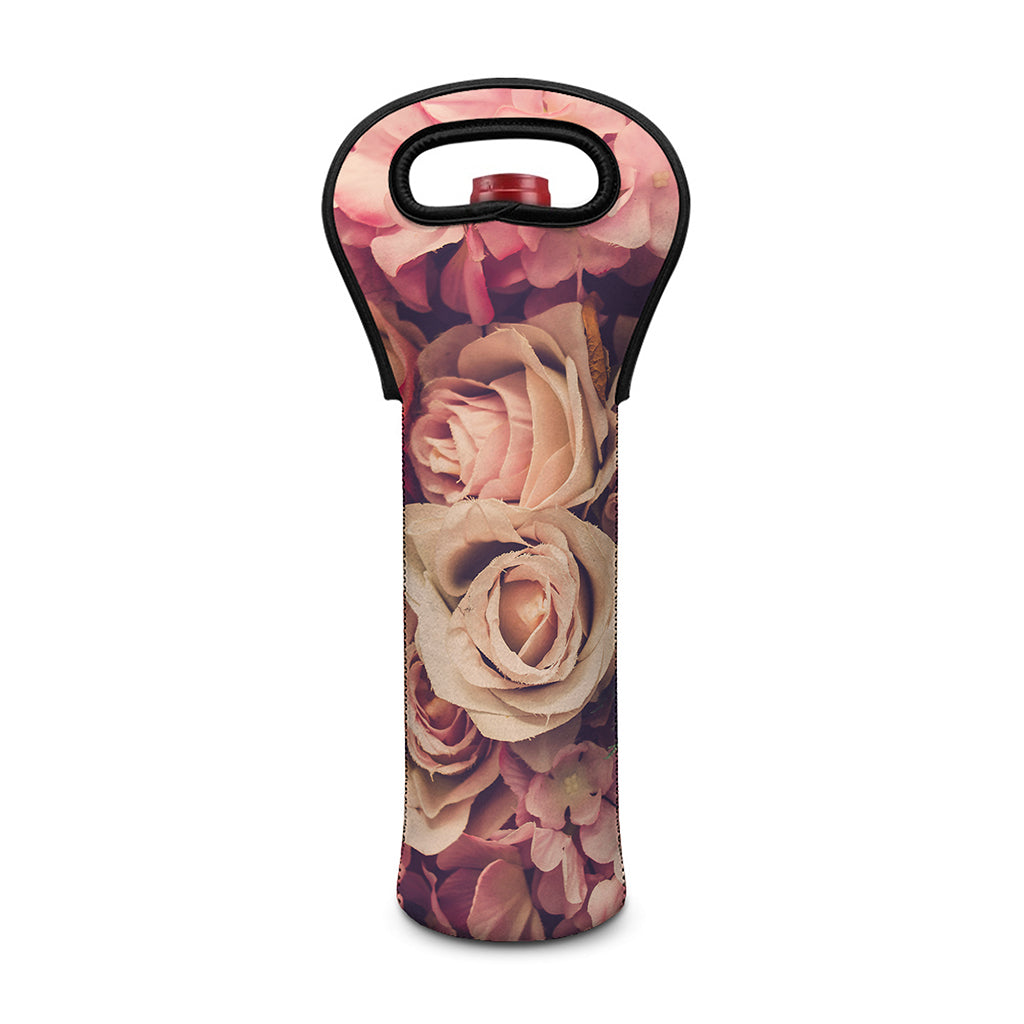 Retro Pink Roses Floral Print Single Neoprene Wine Tote