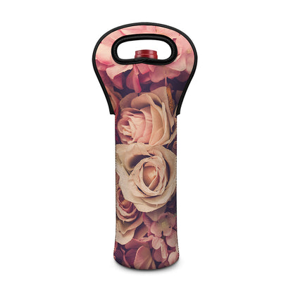 Retro Pink Roses Floral Print Single Neoprene Wine Tote