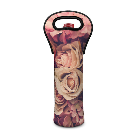 Retro Pink Roses Floral Print Single Neoprene Wine Tote