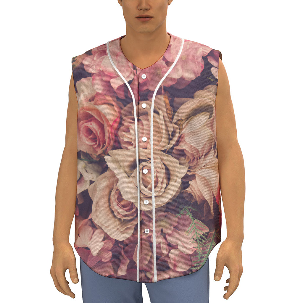 Retro Pink Roses Floral Print Sleeveless Baseball Jersey