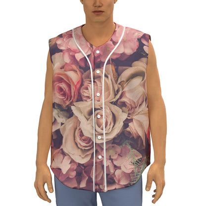 Retro Pink Roses Floral Print Sleeveless Baseball Jersey
