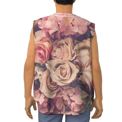 Retro Pink Roses Floral Print Sleeveless Baseball Jersey
