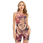 Retro Pink Roses Floral Print Sleeveless One Piece Swimsuit