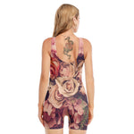 Retro Pink Roses Floral Print Sleeveless One Piece Swimsuit