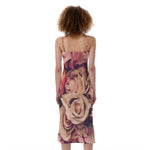 Retro Pink Roses Floral Print Slim Fit Midi Cami Dress