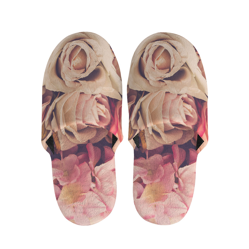 Retro Pink Roses Floral Print Slippers