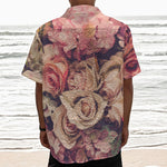 Retro Pink Roses Floral Print Textured Short Sleeve Shirt