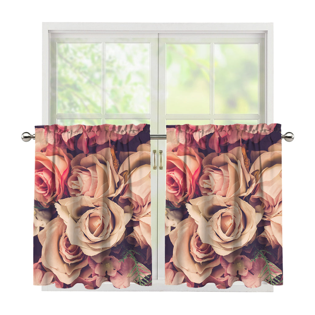 Retro Pink Roses Floral Print Tier Curtains