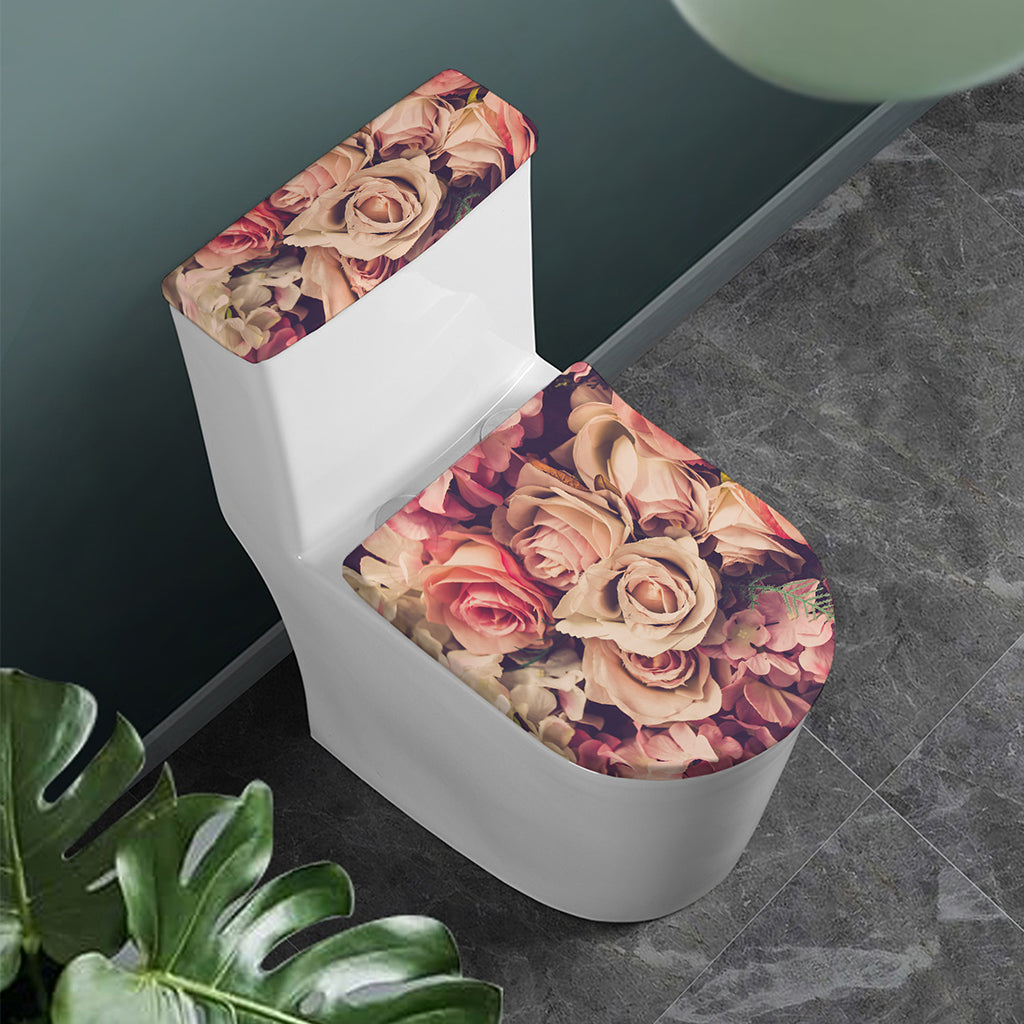 Retro Pink Roses Floral Print Toilet Lid And Tank Cover Set