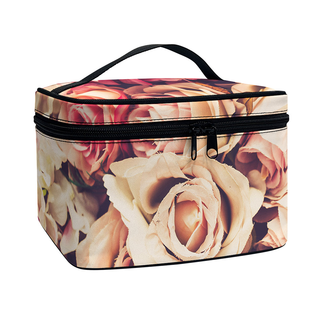 Retro Pink Roses Floral Print Travel Makeup Bag