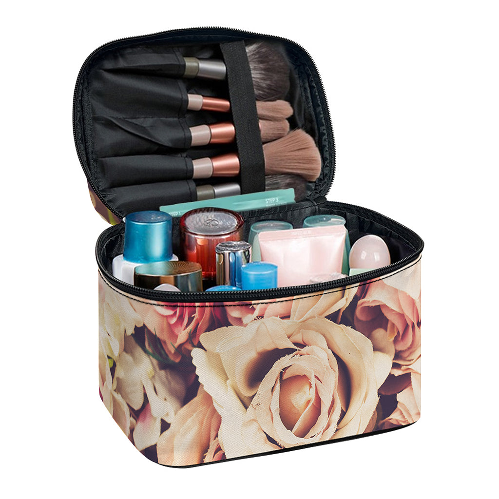 Retro Pink Roses Floral Print Travel Makeup Bag