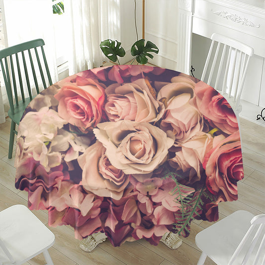 Retro Pink Roses Floral Print Waterproof Round Tablecloth