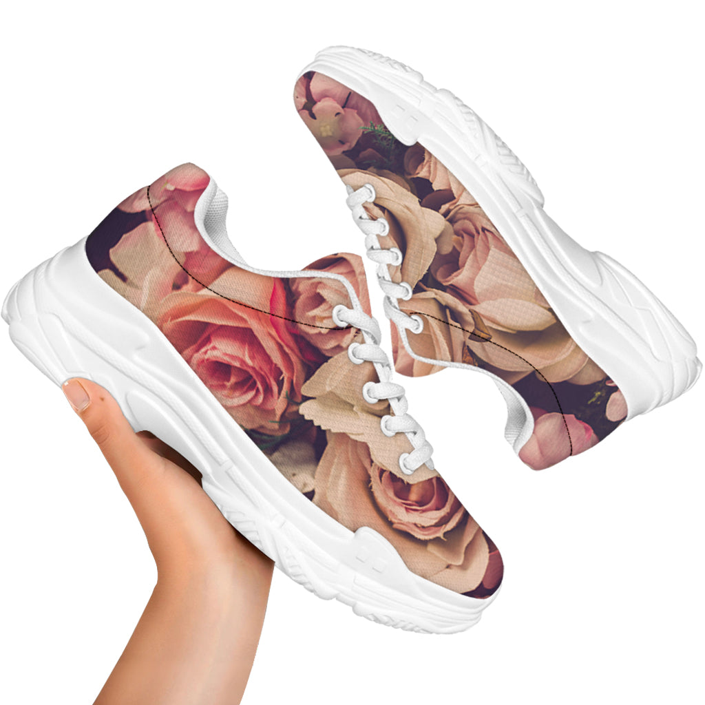 Retro Pink Roses Floral Print White Chunky Shoes