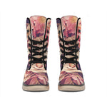 Retro Pink Roses Floral Print Winter Boots