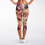 Retro Pink Roses Floral Print Women's Capri Leggings