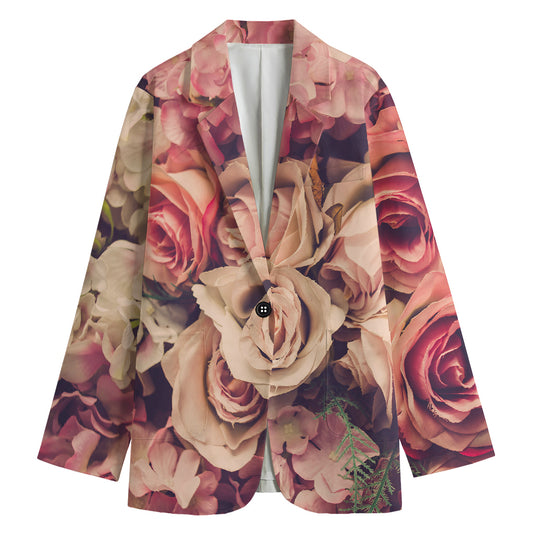 Retro Pink Roses Floral Print Women's Cotton Blazer