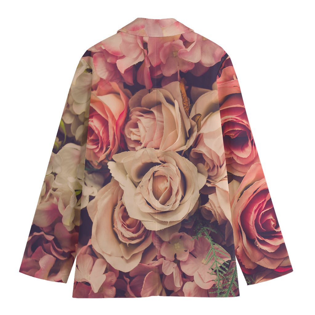 Retro Pink Roses Floral Print Women's Cotton Blazer