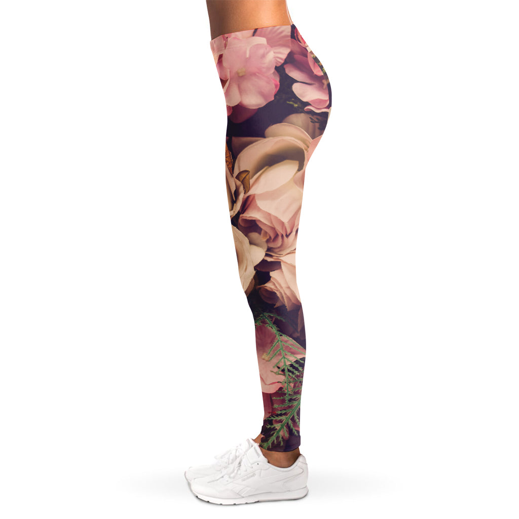 Retro Pink Roses Floral Print Women's Leggings