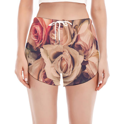 Retro Pink Roses Floral Print Women's Split Running Shorts