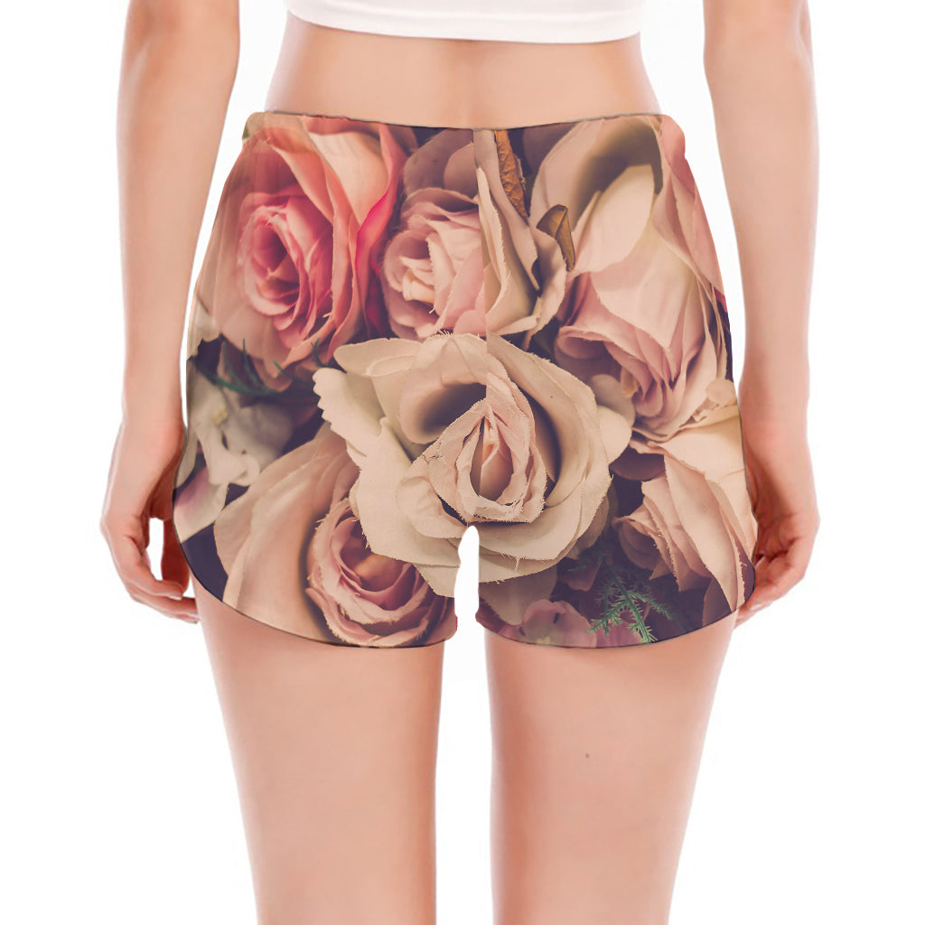Retro Pink Roses Floral Print Women's Split Running Shorts