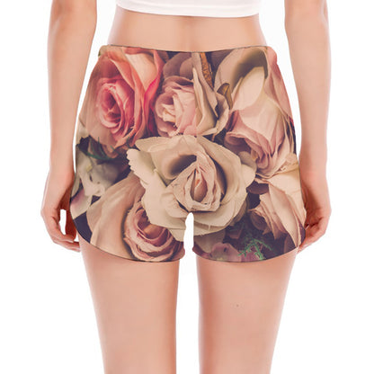 Retro Pink Roses Floral Print Women's Split Running Shorts
