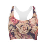 Retro Pink Roses Floral Print Women's Sports Bra
