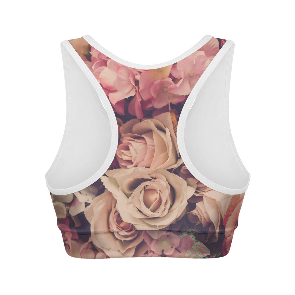 Retro Pink Roses Floral Print Women's Sports Bra