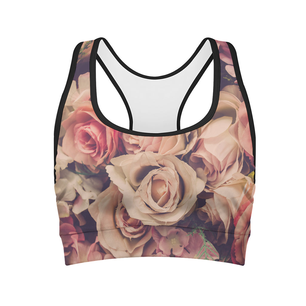 Retro Pink Roses Floral Print Women's Sports Bra