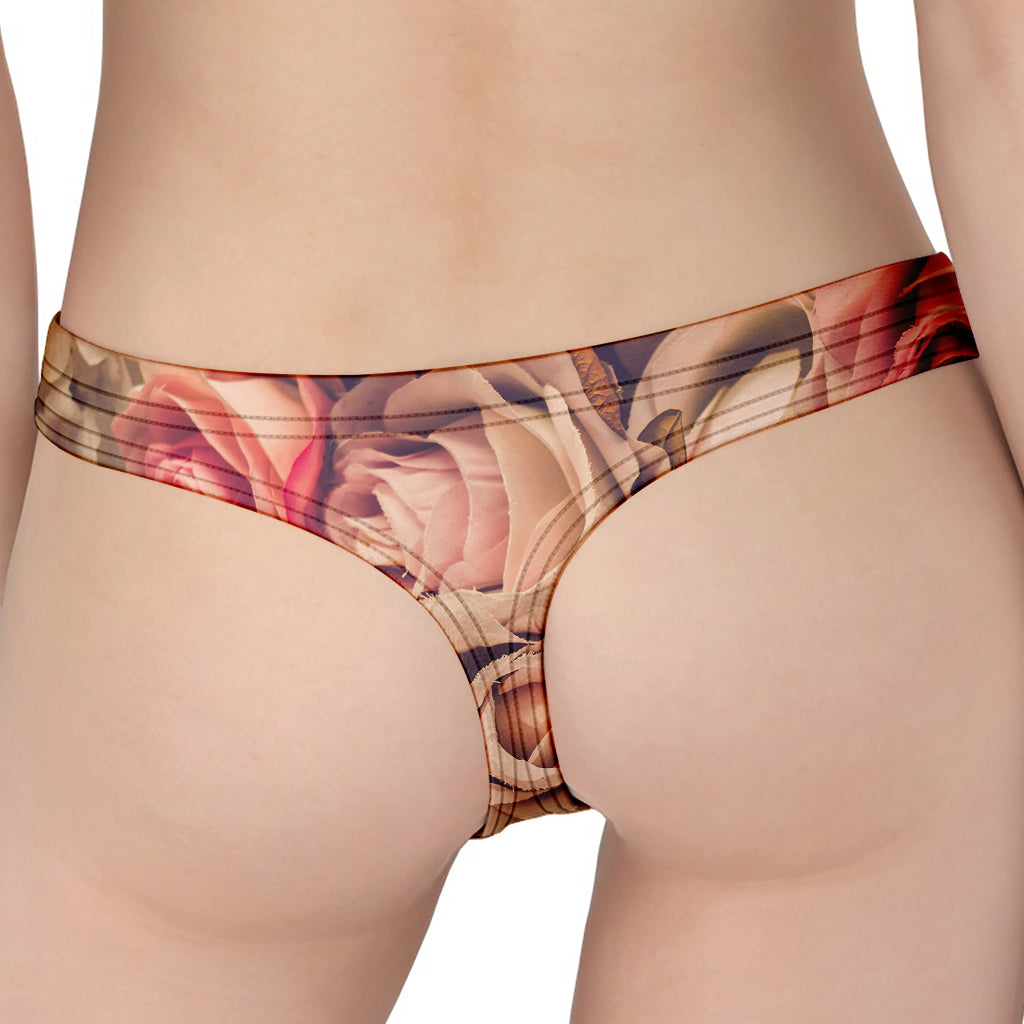 Retro Pink Roses Floral Print Women's Thong