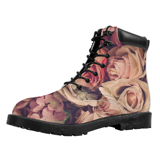 Retro Pink Roses Floral Print Work Boots