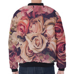 Retro Pink Roses Floral Print Zip Sleeve Bomber Jacket