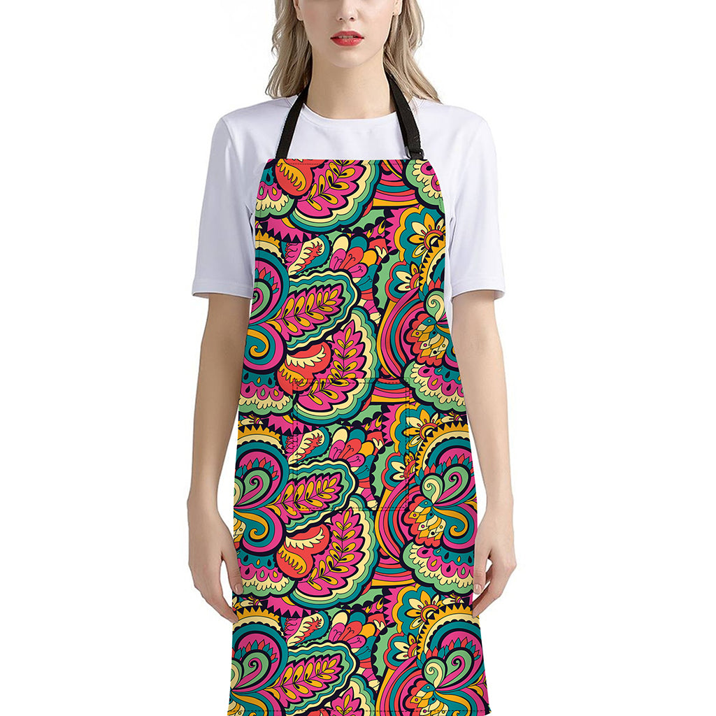 Retro Psychedelic Hippie Pattern Print Bib Apron With Pocket