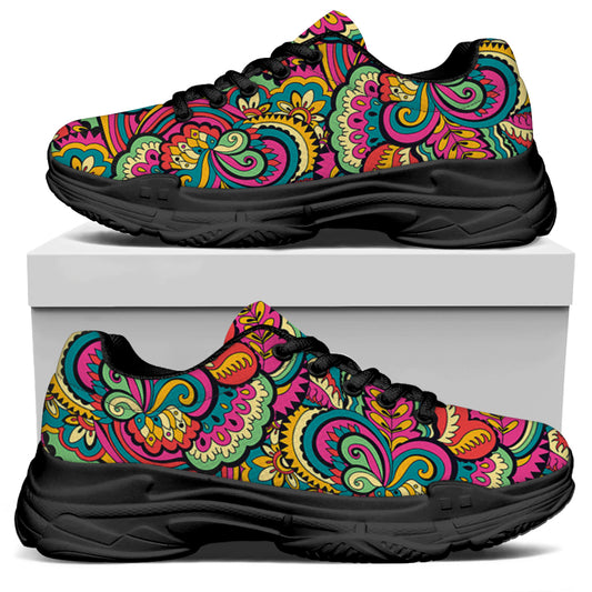 Retro Psychedelic Hippie Pattern Print Black Chunky Shoes