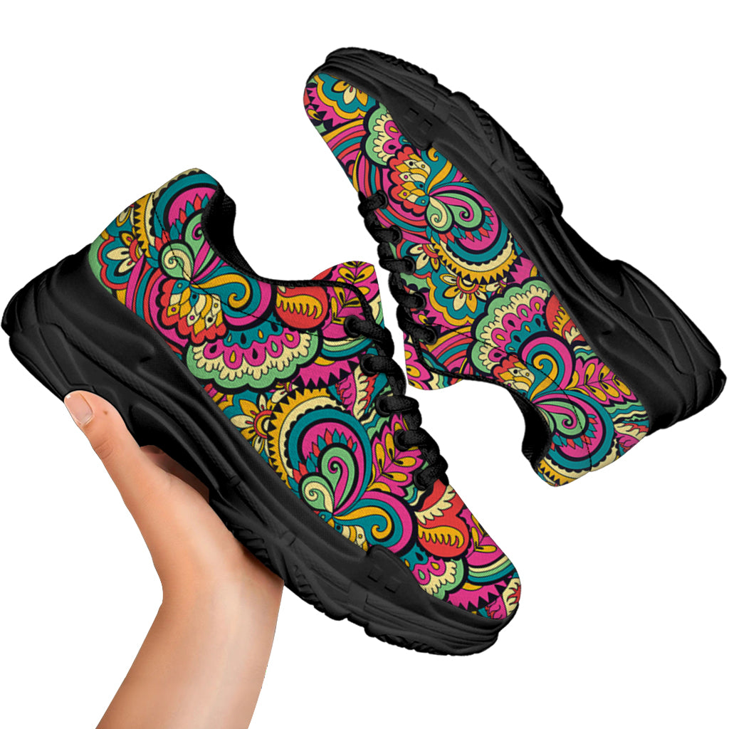 Retro Psychedelic Hippie Pattern Print Black Chunky Shoes