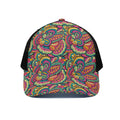Retro Psychedelic Hippie Pattern Print Black Mesh Trucker Hat