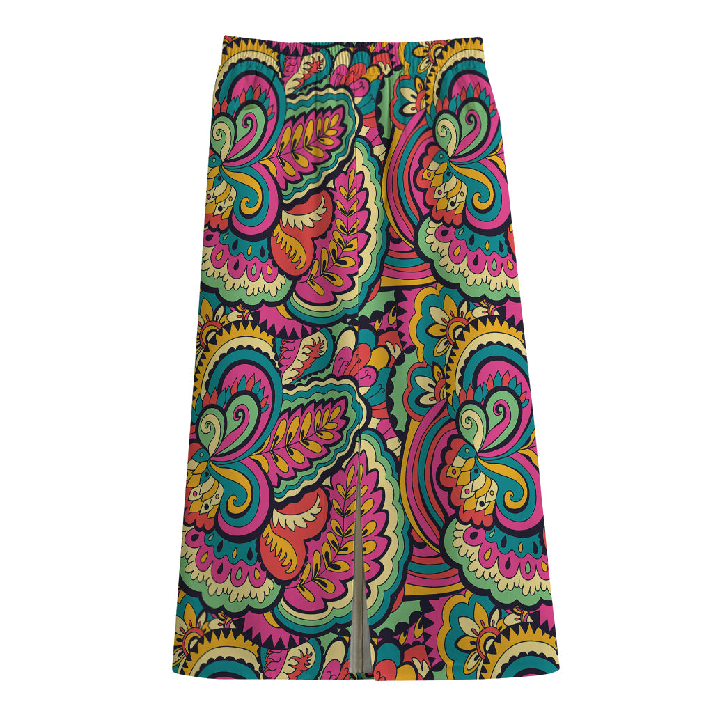 Retro Psychedelic Hippie Pattern Print Cotton Front Slit Maxi Skirt