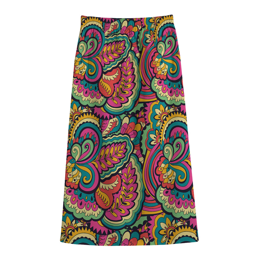 Retro Psychedelic Hippie Pattern Print Cotton Front Slit Maxi Skirt