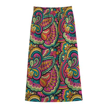 Retro Psychedelic Hippie Pattern Print Cotton Front Slit Maxi Skirt