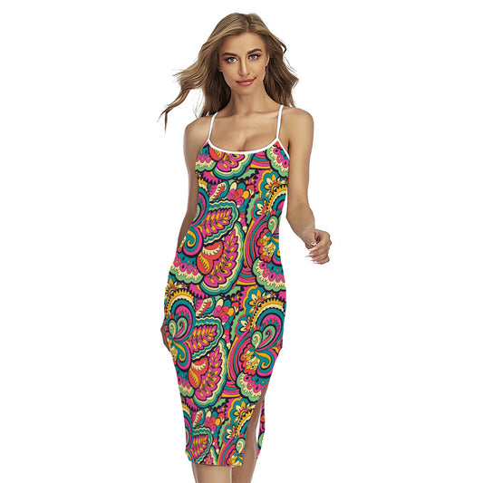 Retro Psychedelic Hippie Pattern Print Cross Back Cami Dress