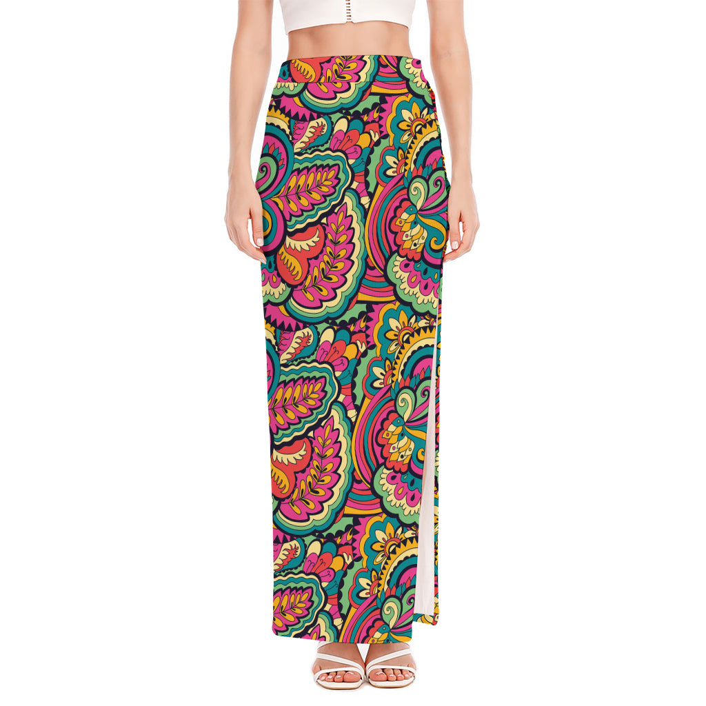 Retro Psychedelic Hippie Pattern Print High Slit Maxi Skirt