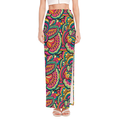 Retro Psychedelic Hippie Pattern Print High Slit Maxi Skirt
