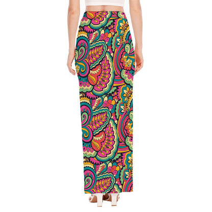 Retro Psychedelic Hippie Pattern Print High Slit Maxi Skirt
