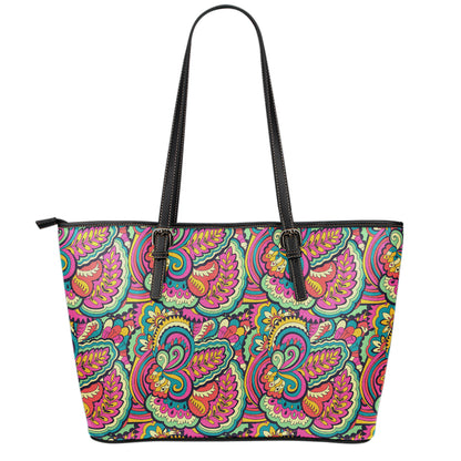 Retro Psychedelic Hippie Pattern Print Leather Tote Bag