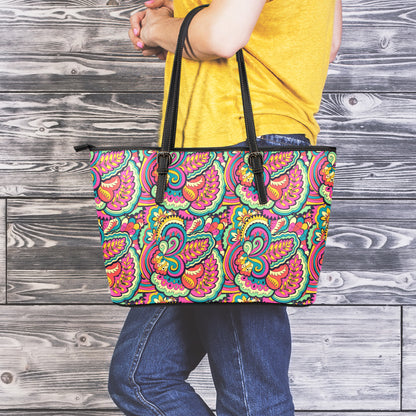Retro Psychedelic Hippie Pattern Print Leather Tote Bag