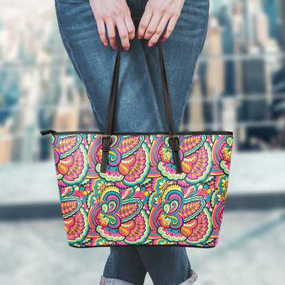 Retro Psychedelic Hippie Pattern Print Leather Tote Bag